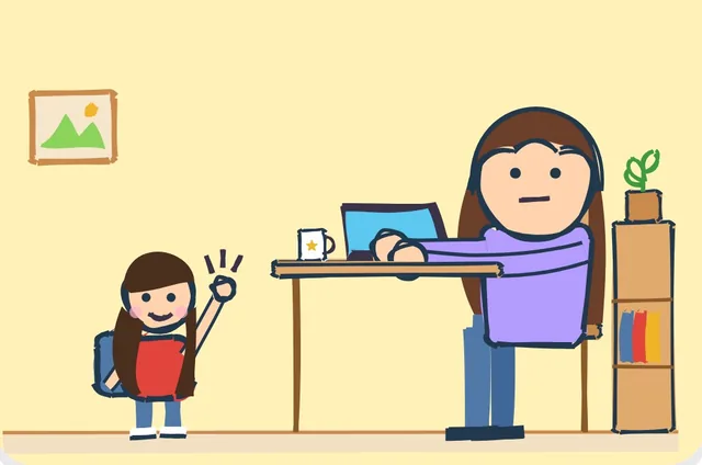A girl raises her hand while her mom works at a laptop