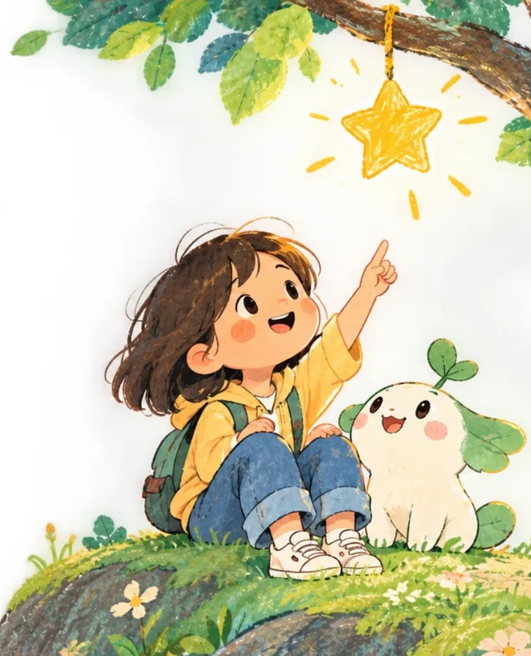 A girl points up at a glowing star while her seedling friend sits beside her